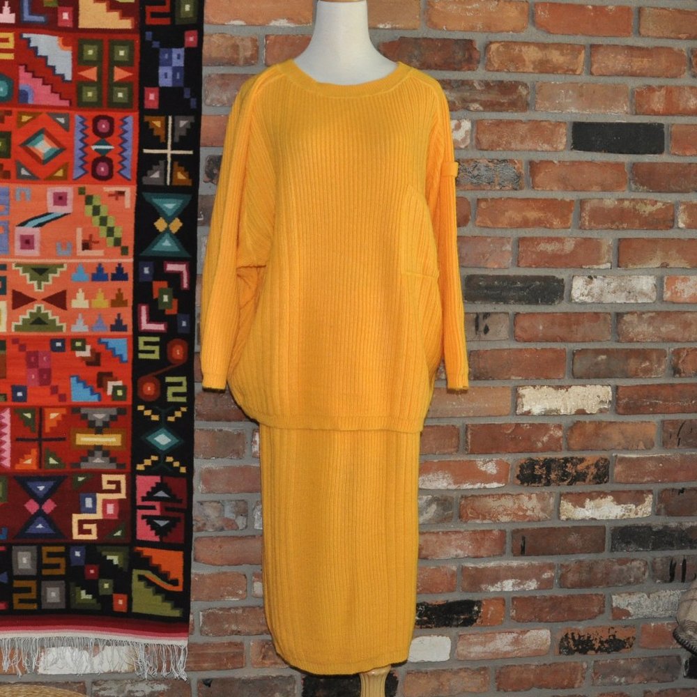 Yellow Long-Sleeve Ribbed Knit Dress